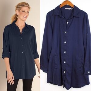 Soft Surroundings Women’s Button Front Top Blue Lightweight Longline Preppy